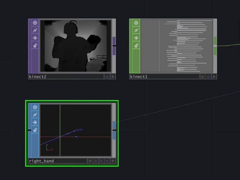 Adapting this tutorial by Exsstas, I accessed skeleton data from a Kinect CHOP and visualized my right hand moving with a dot. Through this exercise, I learned how it could be possible to get data from an individual body part, which can lead into changing a visual based on the mapping of that point.