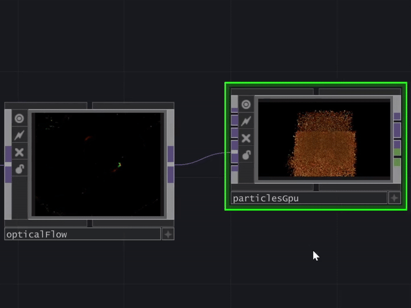 A challenge I ran into was that our plan for out visuals involved projecting onto the floor by taking in movement from an overhead Kinect, but I found the Kinect can’t register skeleton data from a bird’s eye perspective, as it cannot recognize a body.
To mitigate this challenge, I followed this tutorial by The Interactive & Immersive HQ to learn about opticalFlow, which uses camera input from the Kinect to push the flow of particles based on the force of movement detected from the camera.