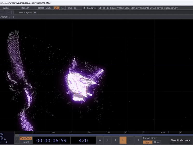 Following this tutorial by Nicholas Marriott, I experimented with another TouchDesigner visual. The wispy point cloud takes in the Player Index from the Kinect to detect the silhouette of a person. The silhouette is adjusted with a Threshold TOP, which affects the point cloud visual.
